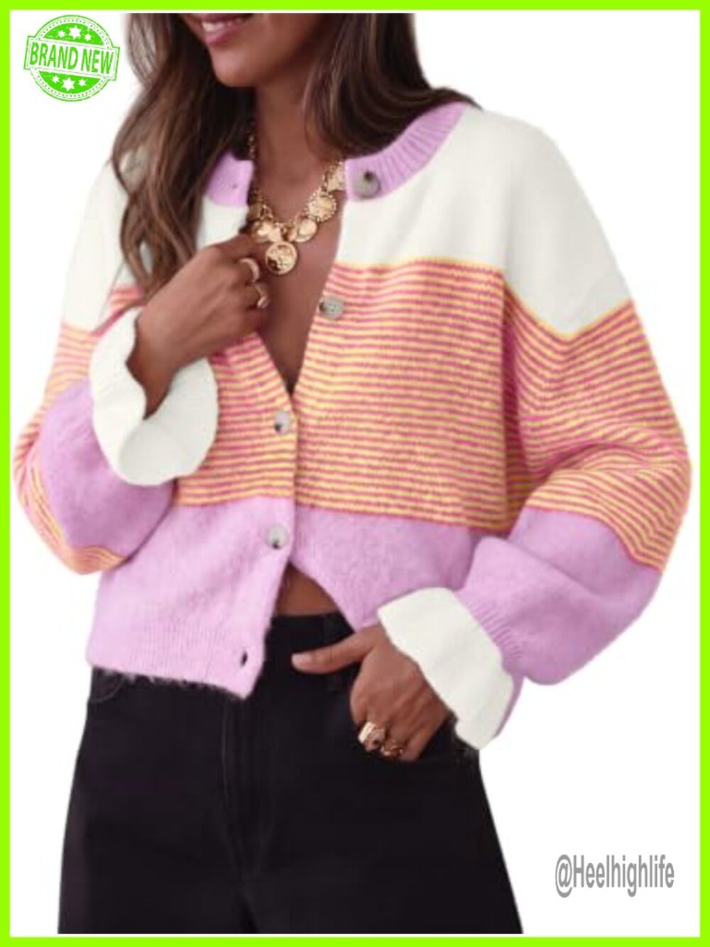Striped Button Front Cardigan Crew Neck Long Sleeve Knit Women's Sweater